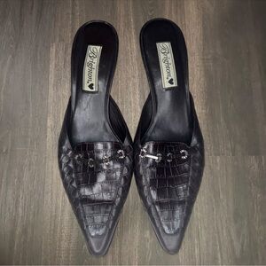 Brighton Brown Croc Embossed Pointed Toe Mule Heels | Size 8.5